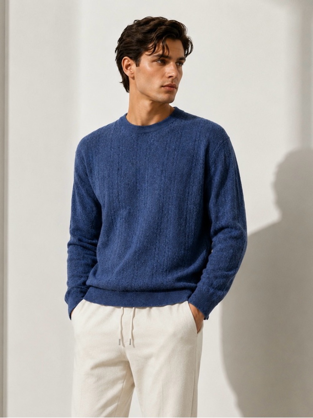 I Levrieri Men’s Cashmere Silk Cable Knit Sweater Blue Size L Made in Italy